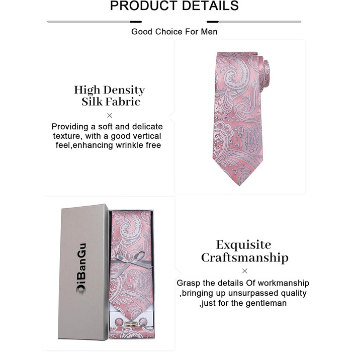 Набір аксесуарів для чоловіків DiBanGu: краватка, хустинка, запонки, затискач для краватки (шовкова павальовка, рожевий)