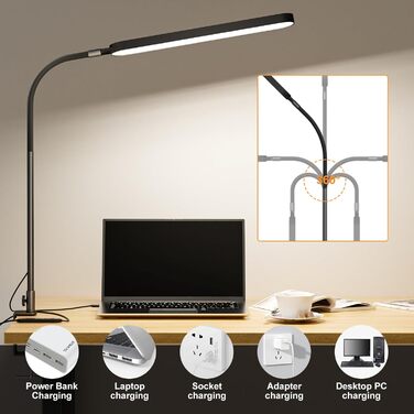 SKYLEO LED Desk Lamp with Adjustable Gooseneck - 80cm Height, 5 Color Modes, 11 Brightness Levels, Timer & Memory Function, 12W, Clamp-On Design