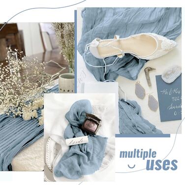 Showgeous 6-Piece Cheesecloth Table Runner Dusty Blue, 90 x 300 cm Table Runner Boho Style Rustic Gauze Fabric Table Decoration for Vintage Wedding, Birthdays, Baby Shower, Holiday Party