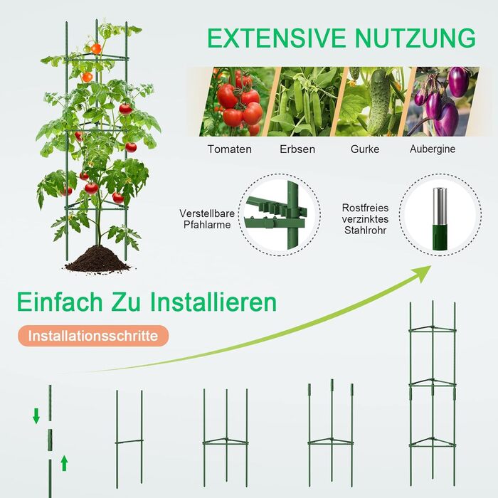 SUNYRISY Tomato Support Stakes Set, Tomato Plant Holders, Climbing Plant Trellis, Plant Support for Flowers & Vegetables, DIY Adjustable 6-Piece Set, 120 cm Height, Green