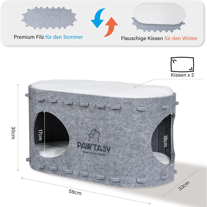 Felt Cat Cave Bed Cat House for Indoor Cats, Cave with 2 Soft and Warm Cushions, Winter-Proof, Protects Cat Claws, 58W x 33D x 30H cm, (Gray)