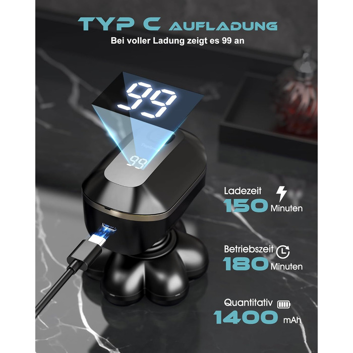 Машинка для гоління голови Glatzen Herren 7D, водонепроникна, для сухого та вологого гоління, з LED дисплеєм, Type-C, чорна