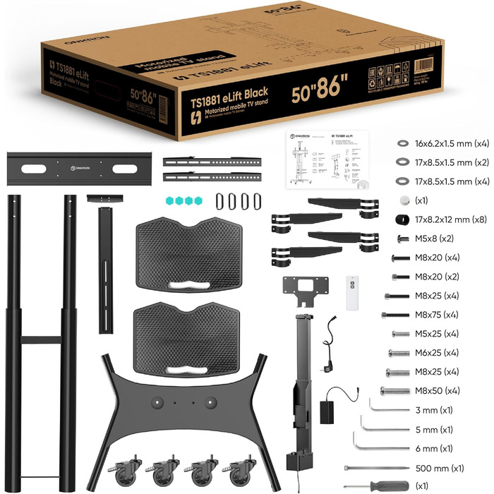 ONKRON Electric TV Stand with Wheels - Adjustable Height, 50-100 Inch TVs, 130kg Capacity, VESA 1000x600 - Black TS1991E-B