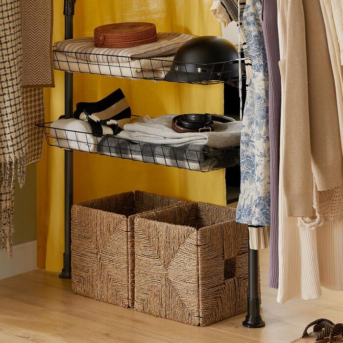 SoBuy KLS04-SCH Telescopic Rod Clothes Rack with 5 Clothes Rails and 2 Baskets Telescopic Wardrobe System Adjustable Shelving System B (209-311) x (200-285) cm