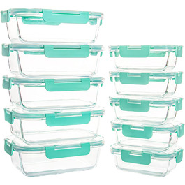 Набір з 10 скляних контейнерів для зберігання продуктів, з кришкою, BPA-Free, підходить для мікрохвильової печі, морозильника та посудомийної машини (м'ятно-зелений)