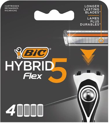 Чоловіча бритва BIC Hybrid 5 Flex, вологий гоління, 5 лез, з алое вера та вітаміном E, з тримером для точного гоління (1 станок + 4 смінних касети)
