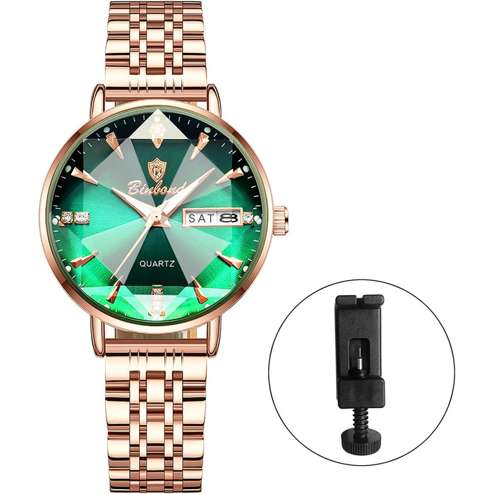 Жіночий наручний годинник JewelryWe Rosegold: кварцовий аналоговий годинник зі сталі, водонепроникний (30м), з календарем, підсвічуванням стрілок та граненим склом, колір Rosegold-Зелений