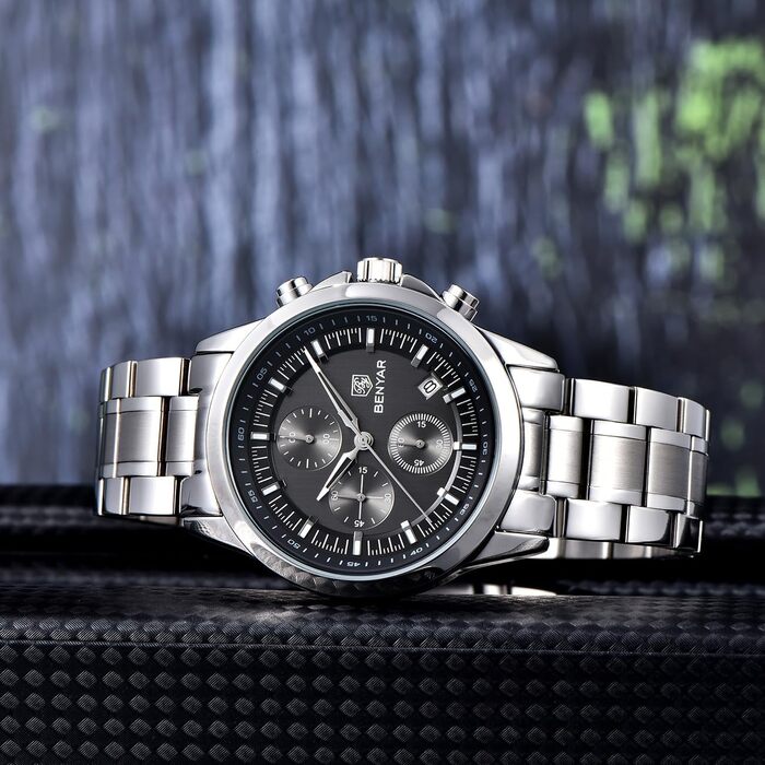 Годинник чоловічий Benyar Chronograph Аналоговий кварцовий, водонепроникний, з датою, світлодіодна підсвітка, стильний бізнес-годинник для чоловіків, сталевий чорний корпус