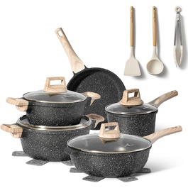 JUST PERFECTO Induction Cookware Set - Frying Pan Set with Lid - 24cm Frying Pan, 28 cm Frying Pan - Cookware Set 28cm Non-Stick Pan without PTFE and PFOA (15-Piece Black)