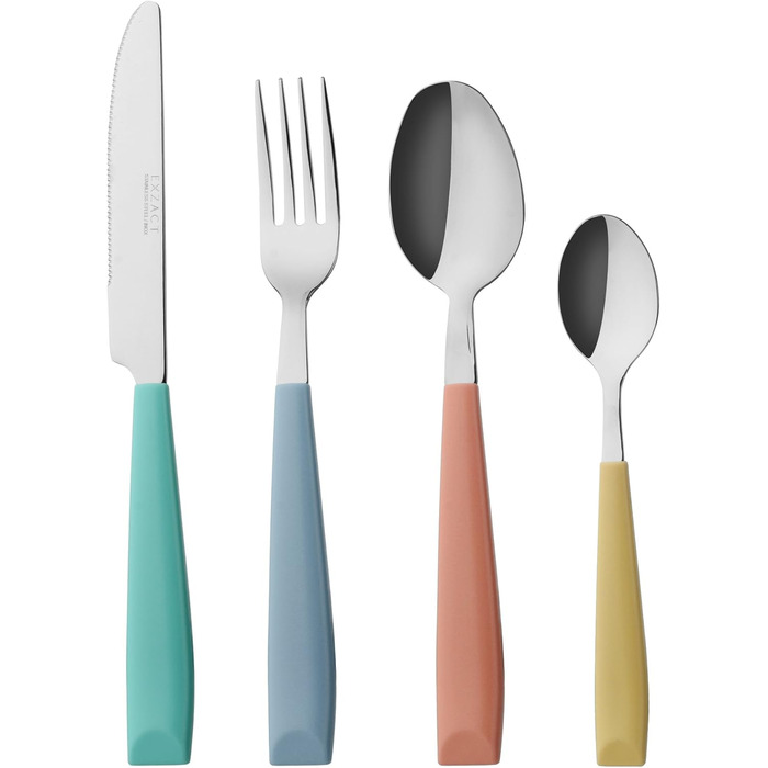 EXZACT 24-Piece Cutlery Set - Stainless Steel with Vividly Colored Plastic Handles - Comfortable to Hold - 6 x Forks, 6 x Knives, 6 x Dinner Spoons, 6 x Teaspoons (Mixed Color x 24)