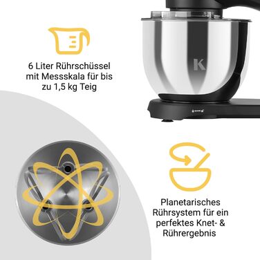 KLAMER 1800W Stand Mixer - Stainless Steel Bowl 6L, 10 Speed, Timer, Planetary Mixing, Dough Hook, Whisk & Beater - Black