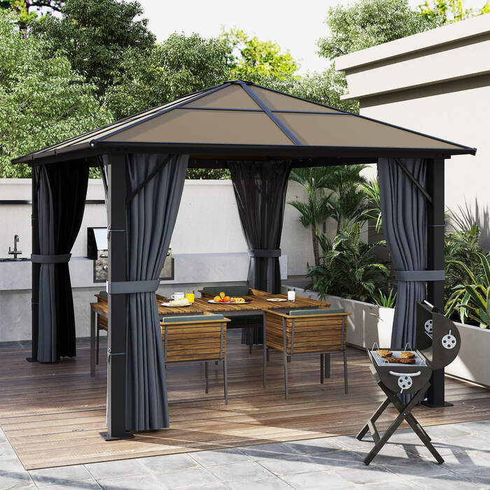 Outsunny 3 x 3m Gazebo Garden Pavilion Party Tent with Side Panels PC Roof Aluminum Dark Grey | Aosom