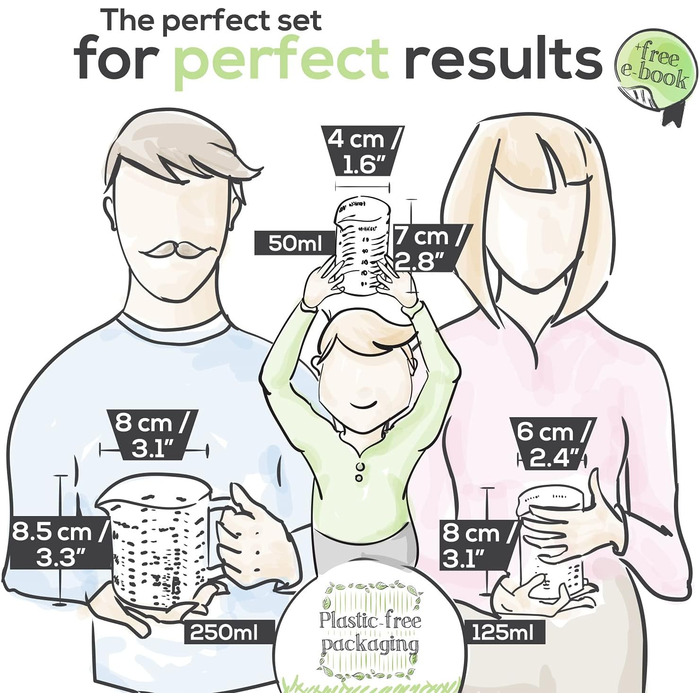 TreeBox Measuring Cups Glass - Small Measuring Cups - 3-Piece Set (250ml, 125ml & 50ml) - English Version - Robust and heat-resistant measuring cup set made of borosilicate glass - Microwave-safe - For baking & mixing