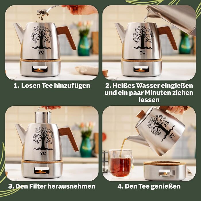 Термос-чайник YC Yang Chai з ситом із нержавіючої сталі 304, двостінний, 1.1 л, з дубовими ручками, сріблястий