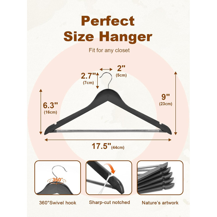 Дерев'яні вішалки для одягу HOUSE DAY, 20 шт., чорного кольору, широкі (44,5 см), з натурального дерева, обертаються, для сорочок, костюмів та курток