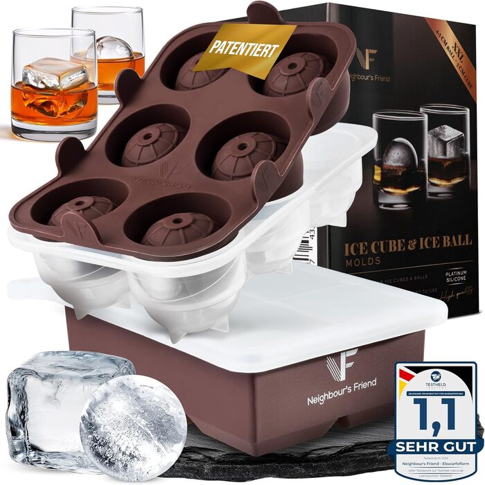 Neighbour's Friend Patented Ice Sphere Mold with Large Ice Cube Shape - XXL Ice Cube Molds for Whiskey, Rum & Cocktails - 6x Ice Spheres & 6x Ice Cubes Platinum Silicone - Dishwasher Safe