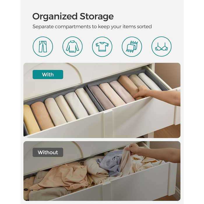 SONGMICS Set of 4 Drawer Organizers, 6 Compartments, Closet Organizer, Foldable, Clothes Organizer, 16.3 x 12.1 x 7 inches, for Pants, Clothing, Dove Gray, URUS009G04