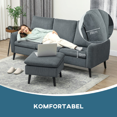 HOMCOM Corner Sofa Bed with Ottoman, 3 Throw Pillows, L-Shaped Corner Sofa for Living Room, Bedroom 196 x 140 x 88 cm Grey | Aosom