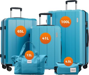 Набір валіз, багажний набір, ролери, валіза-ролер 5шт, ABS пластик, TSA замок, містить 1 велику сумку та 1 косметичку, 4 колеса, телескопічна ручка з алюмінію (рожеве золото) (світло-блакитний)