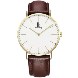 Годинник Alienwork IK Slim Ø36mm на шкіряному ремінці (Золото/Білий/Коричневий ремінець) для чоловіків та жінок