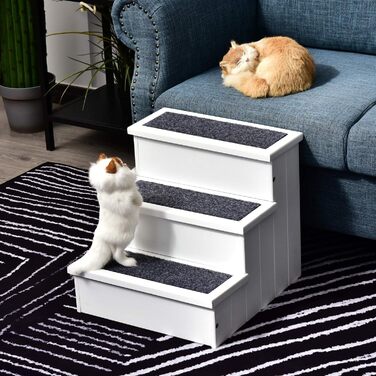 PawHut Pet Stairs 3 Steps Cat Stairs Pet Stairs Dog Stairs for Dogs and Cats Pet Stair Entry Aid with Carpet Storage for Sofa Bed Fir Wood 40.5 x 44.5 x 38 cm (White)