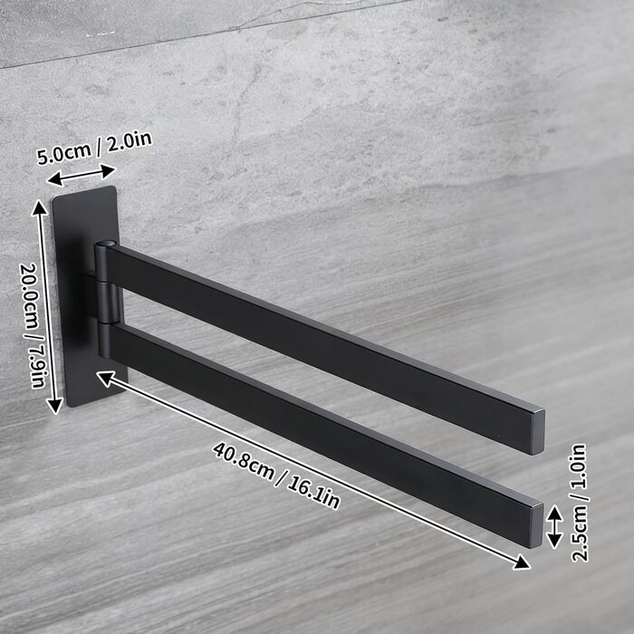 Підвісний тримач для рушників ZUNTO, 2 шт., поворотний 180°, не потребує свердління, нержавіюча сталь 304, для ванної та кухні, сріблястий (матова чорна), 40.8 см