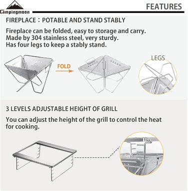 CAMPINGMOON Portable Stainless Steel Wood Grill and Fire Pit 20 inches with Carry Bag MT-055
