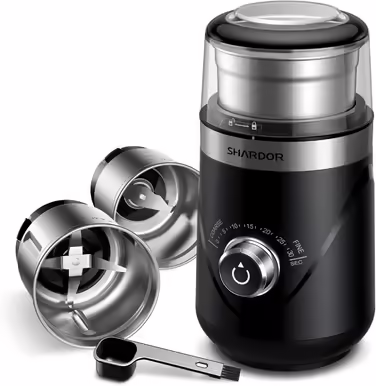 SHARDOR Coffee Grinder with 2 Stainless Steel Cups, Spice Grinder, Automatic Timer, Quiet Grinding, Can be Used for Grinding Coffee Beans, Spices, Grains, Sugar, Nuts, 2 * 80g