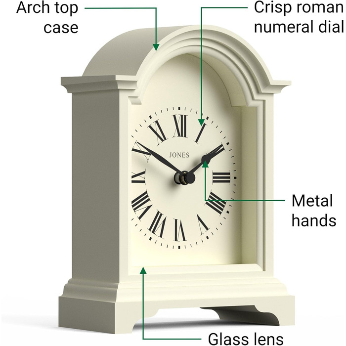 JONES CLOCKS® Bistro Table Clock | Classic Arch Design | White | Timeless style for desk, table, shelf, or nightstand