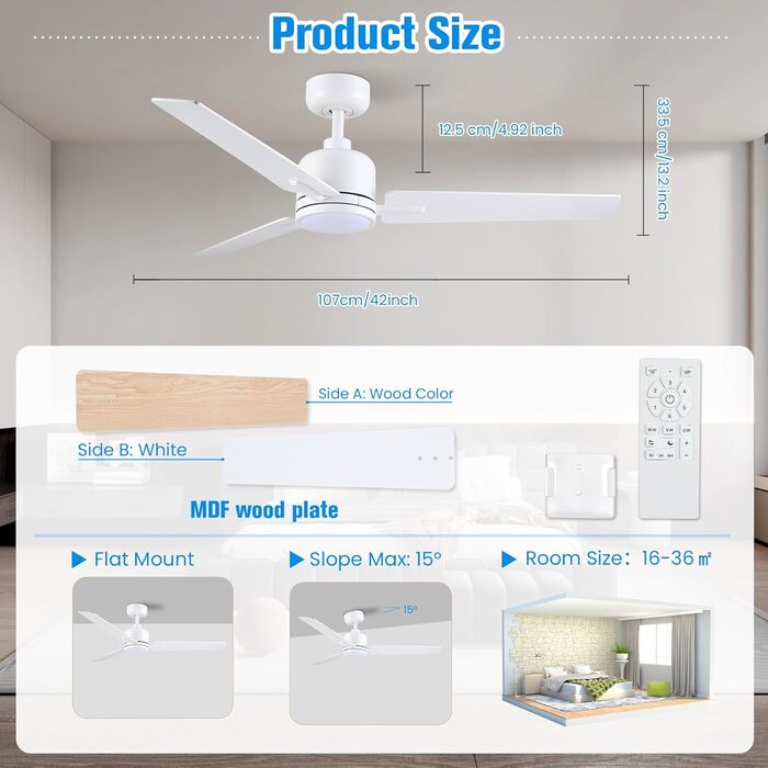 Стеля вентилятор Newday 122см з підсвічуванням та пультом керування, тихий, DC мотор, реверс для спальні/вітальні (білий, дерево)