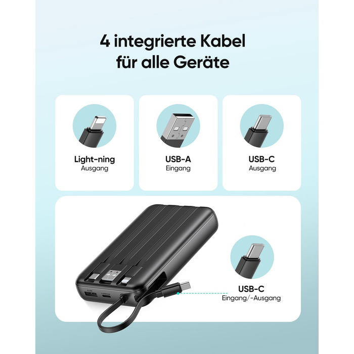 Повербанк ADDTOP 20000mAh з 4 вбудованими кабелями, швидка зарядка 22.5W, компактний зовнішній акумулятор (Чорний)