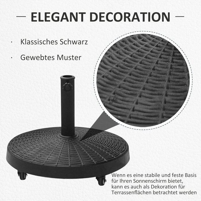 Outsunny Parasol Stand Umbrella Stand Umbrella Holder Umbrella Base 25 kg Rattan-look Stand Umbrella Ø38/48 mm with Wheels Resin + Metal Black Ø52 x 41 cm
