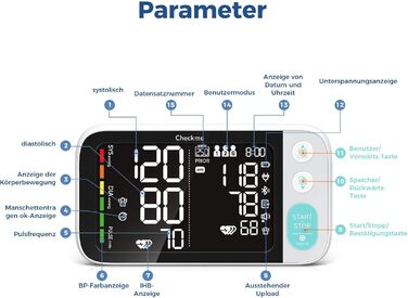 Тонометр на плече CheckMe з великим екраном, Bluetooth, виявлення аритмії, для вагітних та діабетиків, 22-45 см, чорний