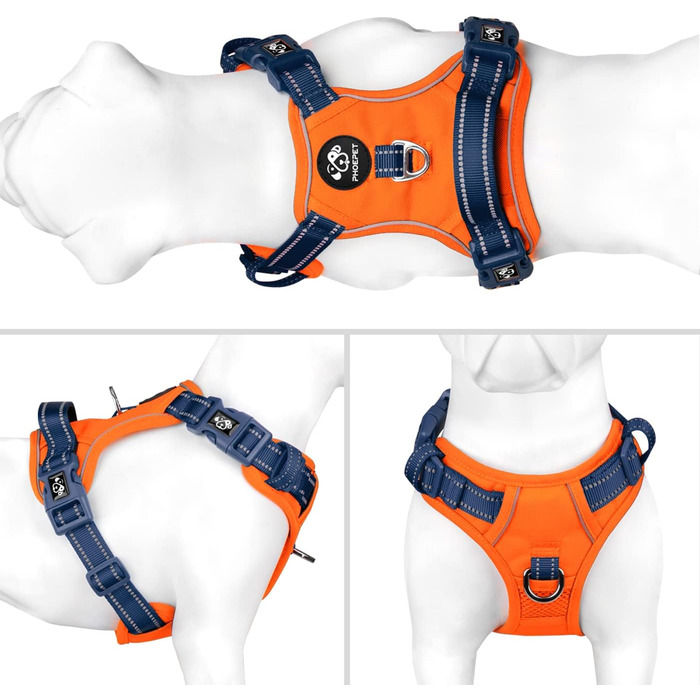 Шлейка для собак PHOEPET без натягу, світловідбиваюча, регульована, з ручкою для тренувань + 2 гачки для повірця + 3 застібки-клипси + 4 регулювальні пряжки (M, L), оранжево-блакитна