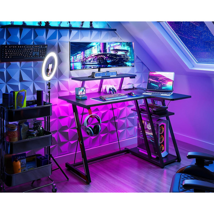LED Gaming Desk with Power Outlets - L-Shaped PC Gaming Table with Monitor Stand & Storage - Carbon Fiber Black 100cm