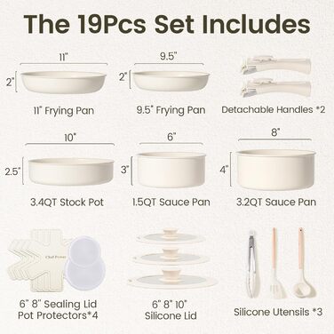 Набір посуду Chef Power Keramik 19-ти частинний, з антипригарним покриттям, знімний ручка, індукція, сумісний з духовкою, для дому та кемпінгу, сірий та білий