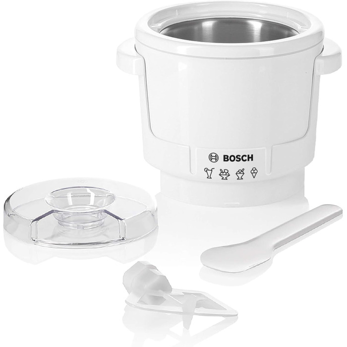 Bosch Kitchen Machine Series 4 MUM5XW20, 3.9 L Stainless Steel Bowl & MUZ5EB2, 550ml, Homemade Ice Cream, Sorbet, and Frozen Yogurt, White, Compatible with Kitchen Machine Series 4 White / Champagne 2-Piece Accessory Bundle with Ice Cream Maker