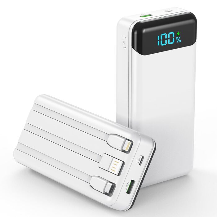 Power Bank Enerwow 27000mAh з USB-C кабелем, 4 виходи/3 входи, LED-дисплей, білий (P300C) - Зовнішній акумулятор для iPhone та інших пристроїв