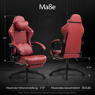 Ігровий крісло Dowinx Big and Tall з масажем попереку, підніжка, ергономічний комп'ютерний стілець, PU шкіра, 180 кг (Червоний)