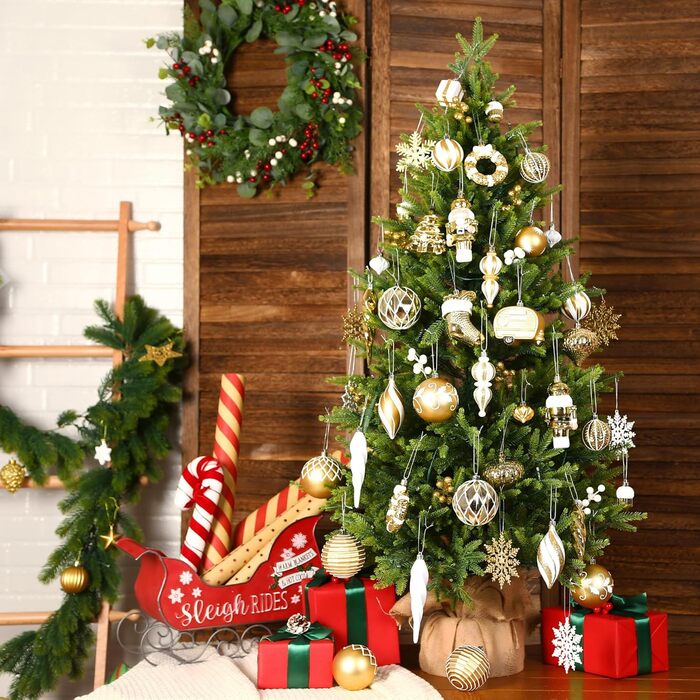 Набір прикрас для ялинки Shareconn 135 шт: міцні ялинкові кулі різних розмірів та кольорів (червоний, зелений, золотий)