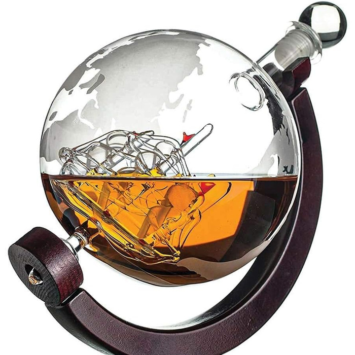 MikaMax - Globus Decanter Set - Whiskey Decanter - with two glasses - Whiskey set - Funnel included - Handcrafted - Transparent - 850 ML - Airtight closure - Men's gift