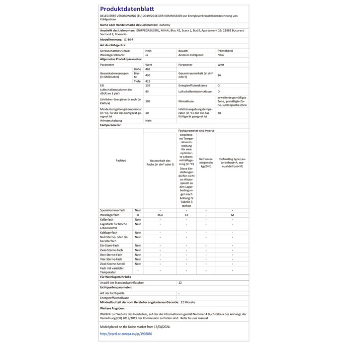 Міні-холодильник EUHOMY для напоїв на 55 банок, чорний, 36L, з дверцятами з прозорого скла, LED-підсвітка, тихий (43dB), для офісу, кімнати, бару