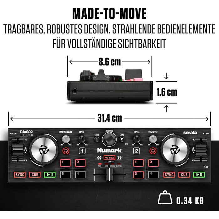 DJ контролер Numark DJ2GO2 Touch: 2-канальний, компактний, з мікшером та аудіоінтерфейсом, Serato Lite
