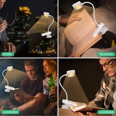 LED-лампа для читання на прищіпці, USB-зарядка, 3 режими кольору, регулювання яскравості, захист очей, 360° гнучка, для читання в ліжку, офісі, в подорожах