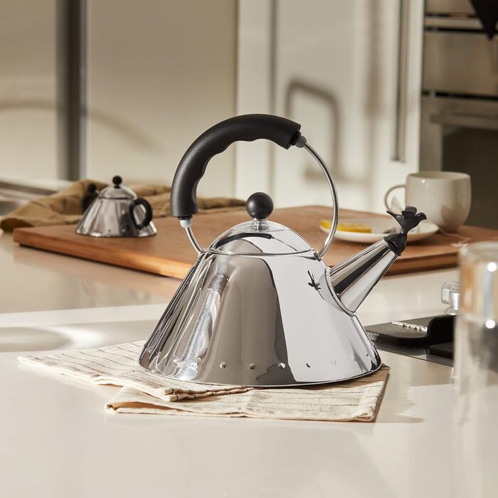Alessi Water Kettle with Handle, Stainless Steel, Bird-Shaped Whistle from PA, Black, Silver, 8.5 x 25 x 10.5 cm, 9093 B 2 Liter Silver