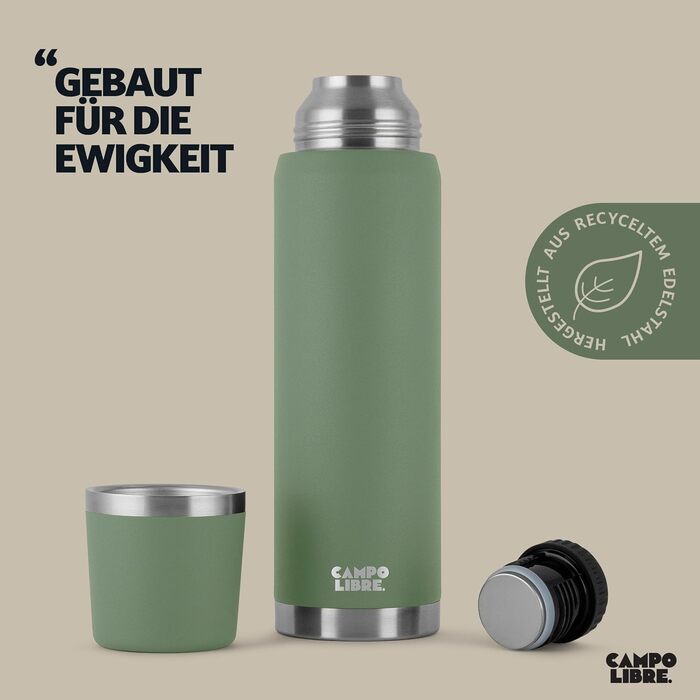Jaco® Thermos Flask 1L, 750ml, 500ml | Thermos with Cup | Our thermos flask keeps drinks hot for at least 24 hours | The insulated flask with double-walled insulation is 100% leak-proof & made from recycled stainless steel.