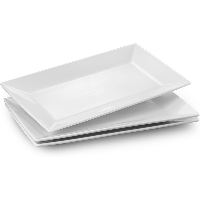 DOWAN Rectangular Serving Platter, Porcelain 35.6 x 20.3 cm, Rectangular Porcelain Plates, Dinner Plates for Meat, Fish, Sushi, Dish, etc. Natural White, 3 Pieces