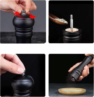 Salt and pepper grinder, wooden pepper grinder set salt pepper mill kit manual mills solid with strong adjustable ceramic grinding mechanisms 2 pieces 8 inch (K 2 Black)