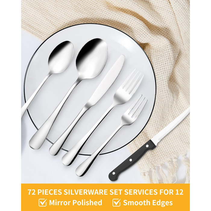 12-Person Flatware Set with Steak Knives, 72-Piece Stainless Steel Flatware Sets, High-Polished and Dishwasher Safe, Elegant Dinnerware, with Knife/Fork/Spoon, for Home, Party, Restaurant