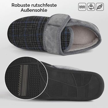 Чоловічі теплі домашні капці TIESTRA для літніх людей з Memory Foam, флісові тапочки з липучкою для широкої стопи, сірі в смужку, розмір 45 EU